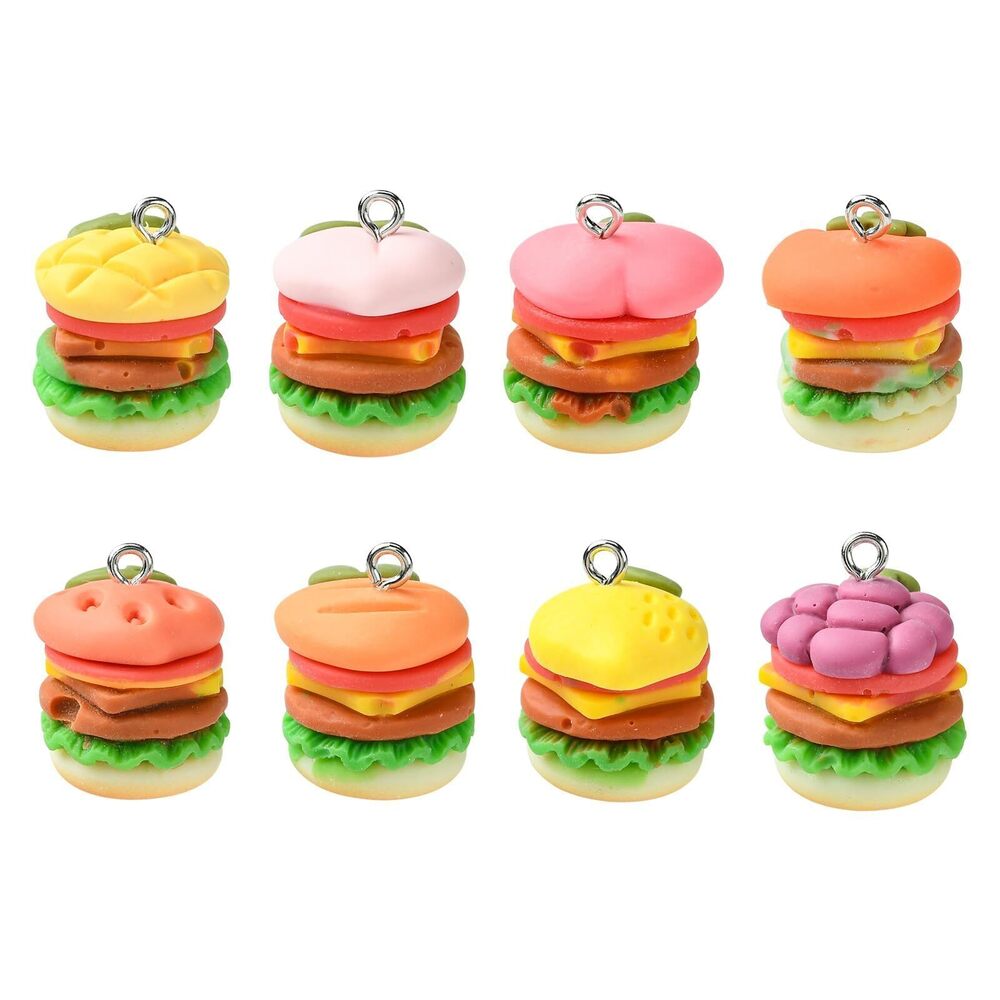 9913 30 Pcs Mixed Colors Resin Hamburger Charms Cute 3D Fast Food Pendant